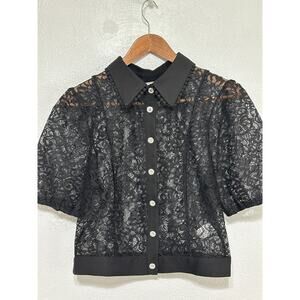 Romantic Sheer Lace ButtonUp Top L Black Rhinestone Buttons Wednesday Adams Goth